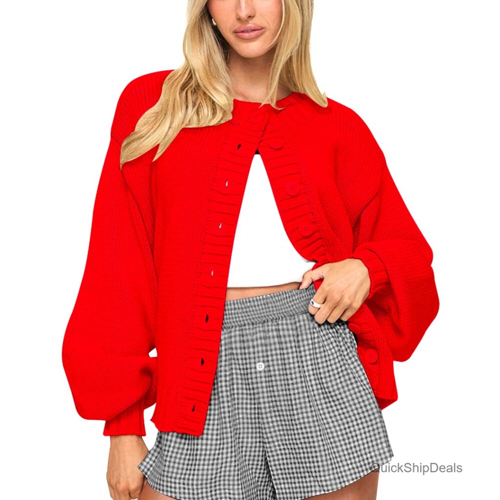 Oversized Button Front Cardigan, Lantern Sleeve, Open Front Sweater, Women's